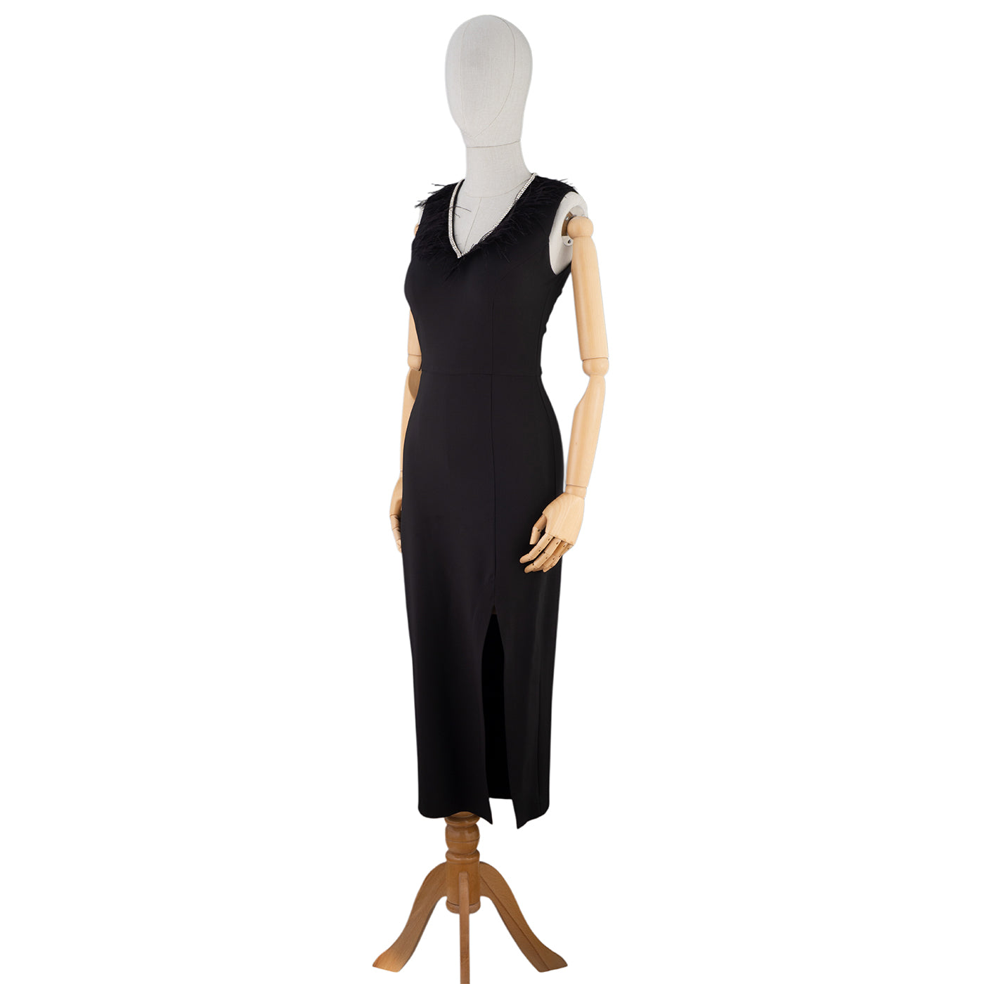 Black Midi Dress with Feathers and Front Slit