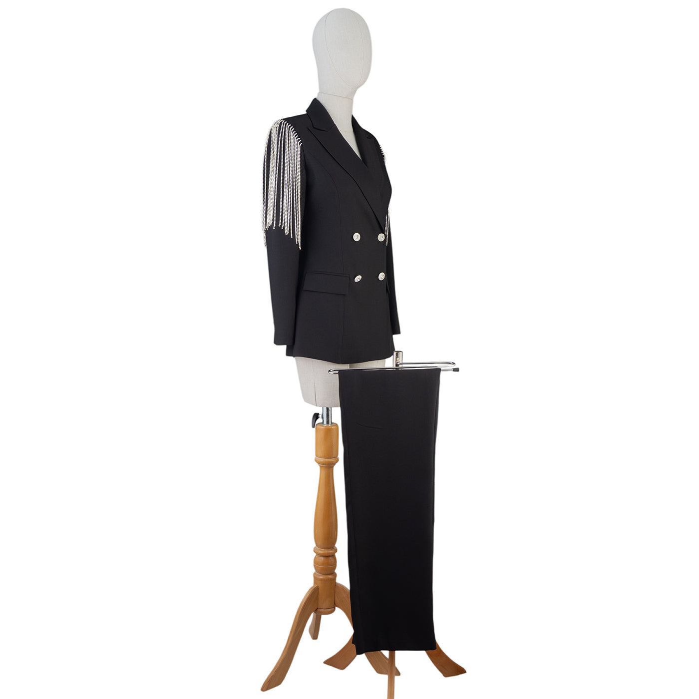 Black Women's Suit with Rhinestone Shoulder Detail – Bold &amp; Elegant Statement