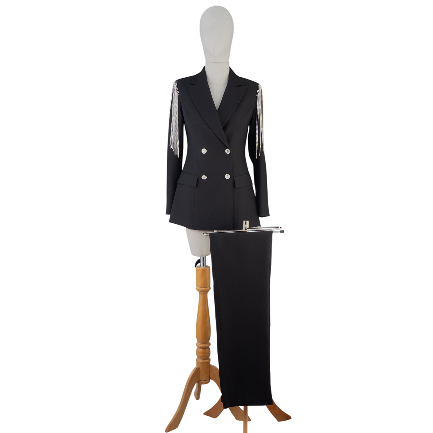Black Women's Suit with Rhinestone Shoulder Detail – Bold &amp; Elegant Statement