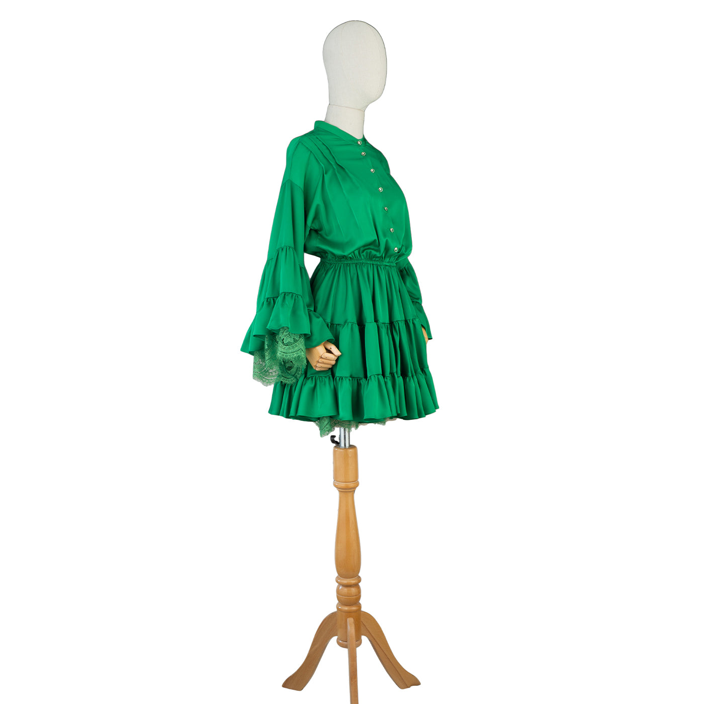 Green Ruffled Mini Dress with Lace Details – Playful &amp; Feminine