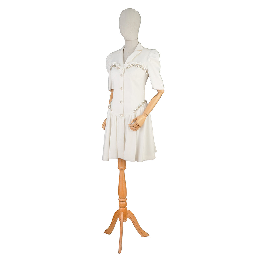 White Short Pearl-Trimmed Dress – Graceful &amp; Chic