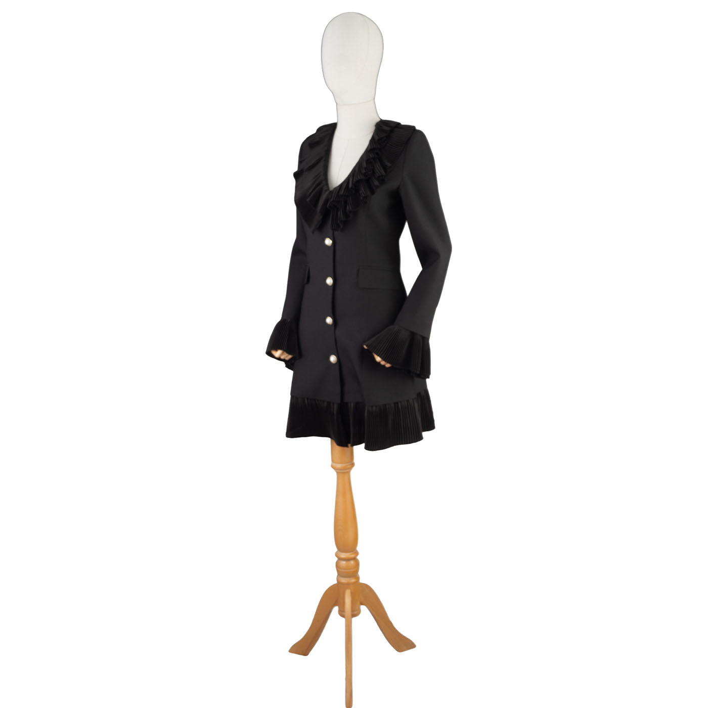 Black Women's Dress with Pleated Ruffles and Pearl Buttons