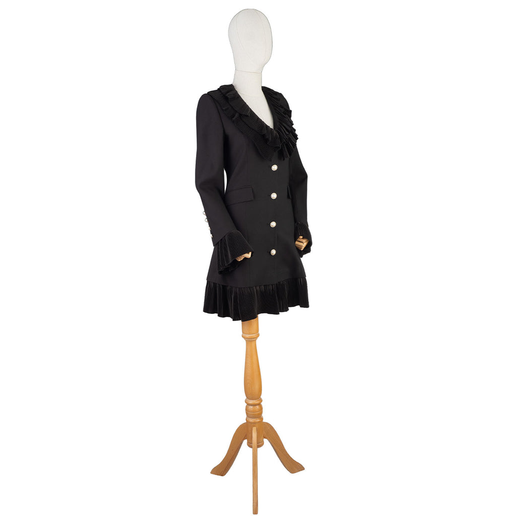 Black Women's Dress with Pleated Ruffles and Pearl Buttons