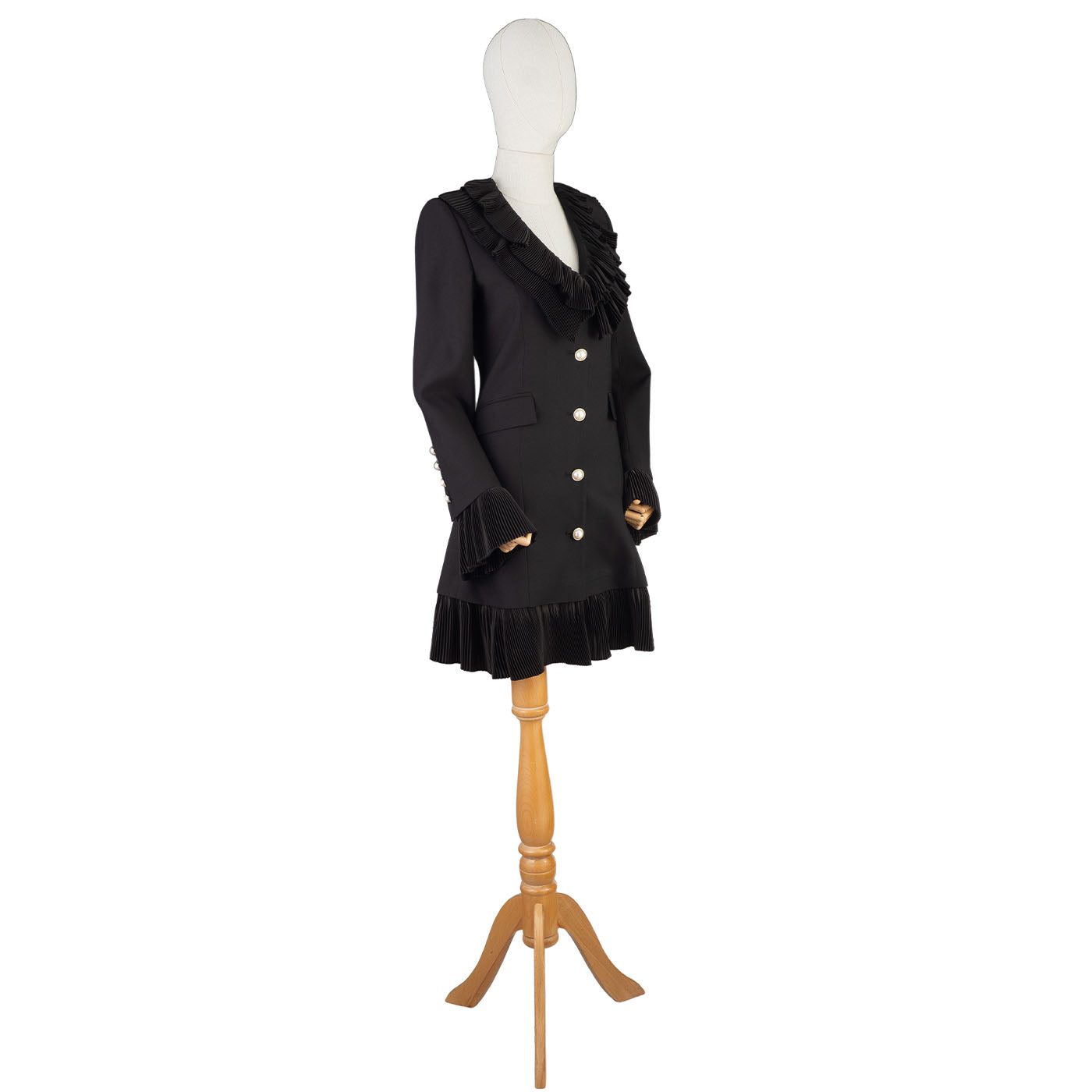 Black Women's Dress with Pleated Ruffles and Pearl Buttons