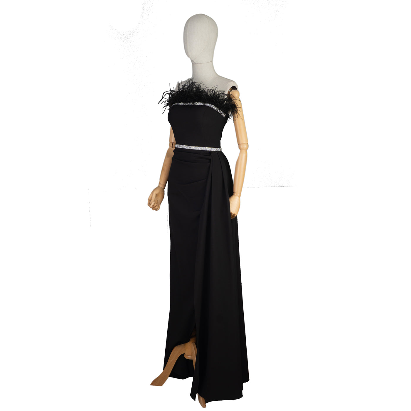 Elegant Black Feather Dress with Rhinestones — Glamorous Evening Gown