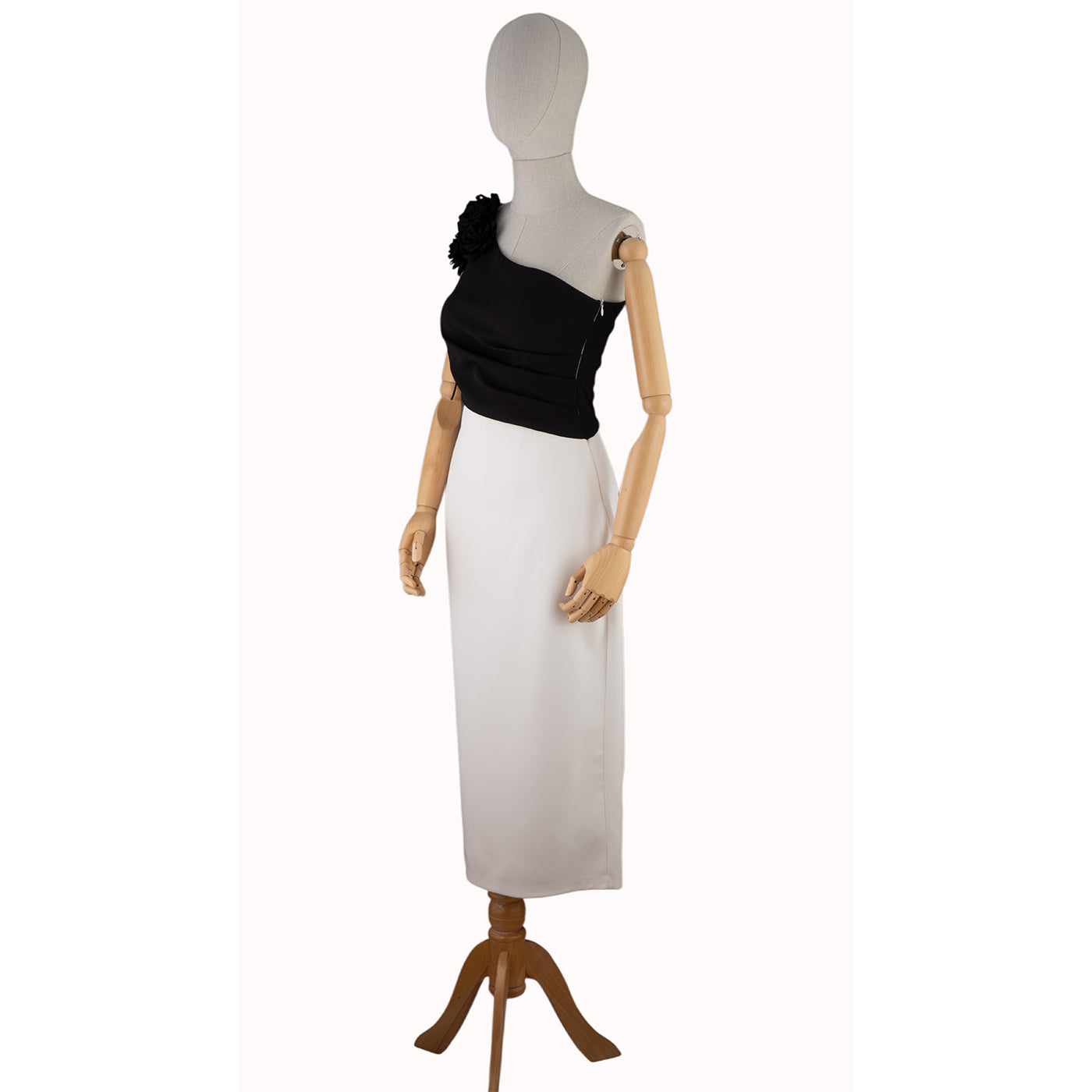 Black &amp; White One-Shoulder Dress with Floral Accent