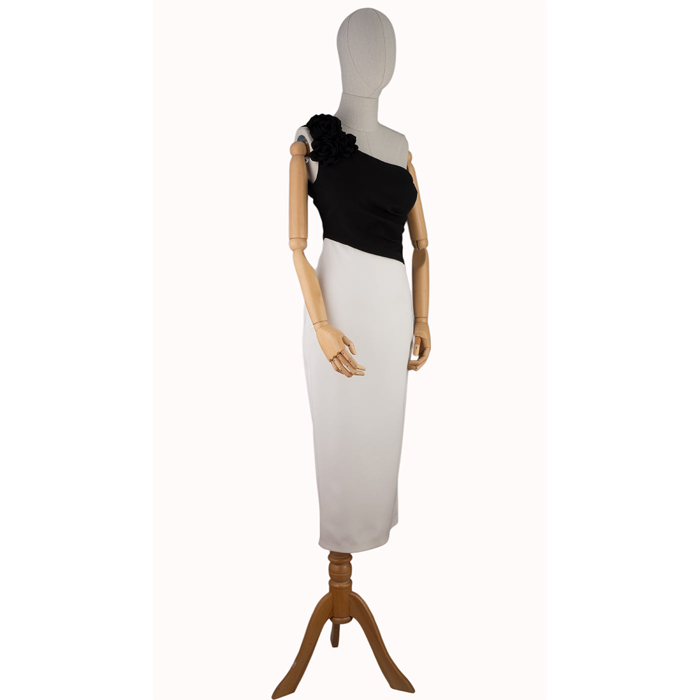 Black &amp; White One-Shoulder Dress with Floral Accent