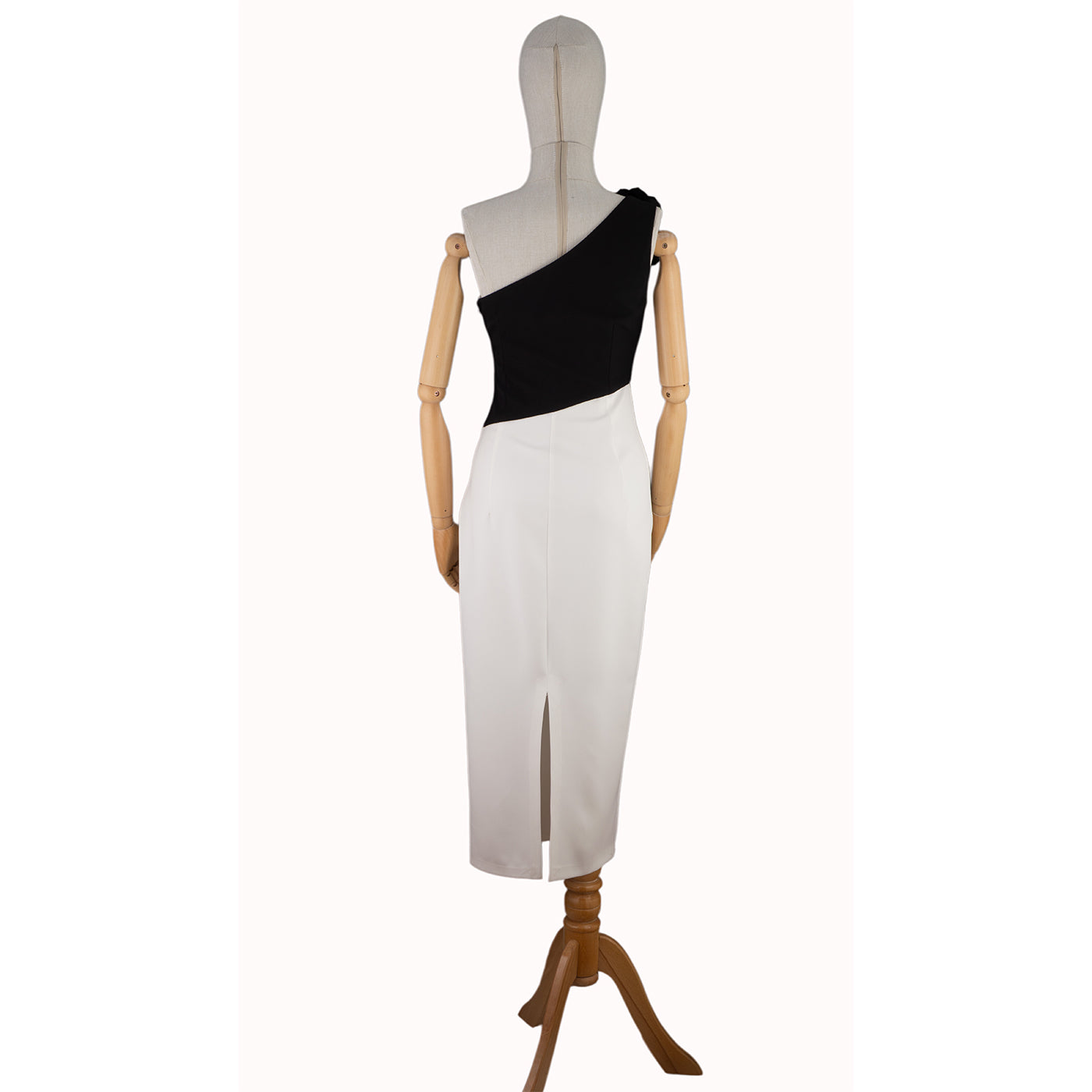 Black &amp; White One-Shoulder Dress with Floral Accent