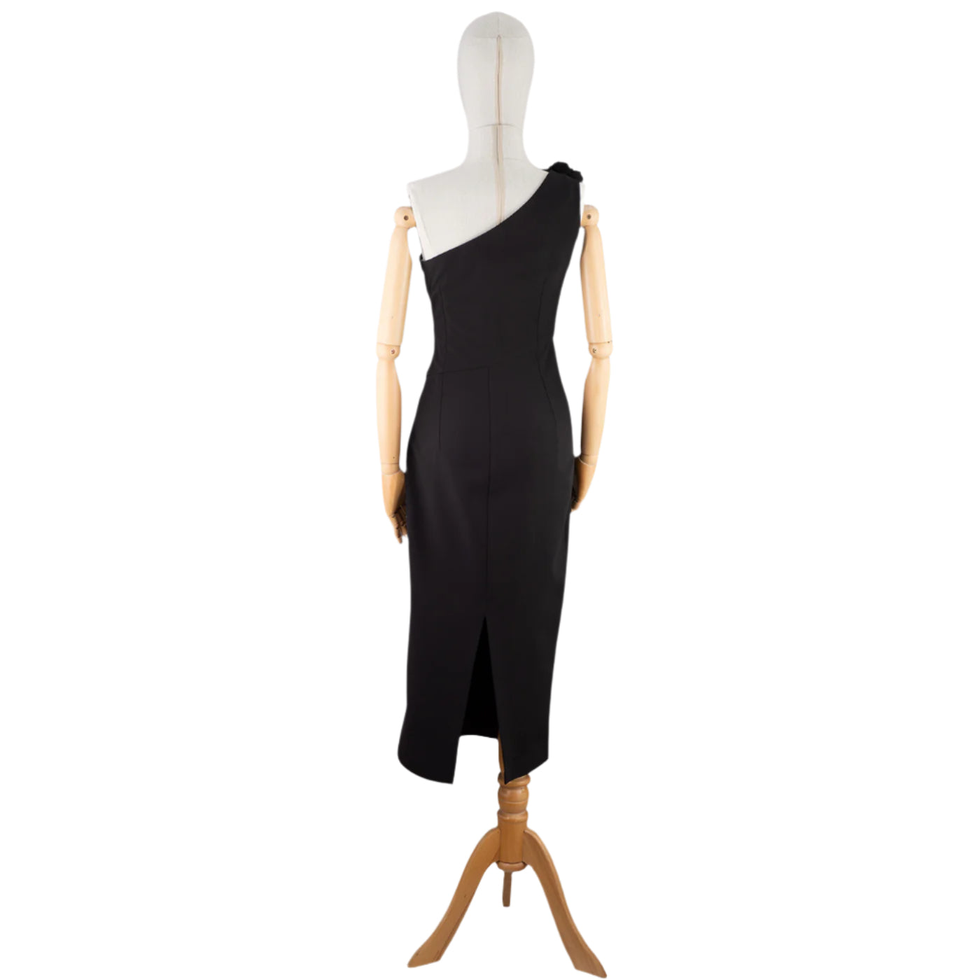 Black One-Shoulder Midi Dress with Floral Accent