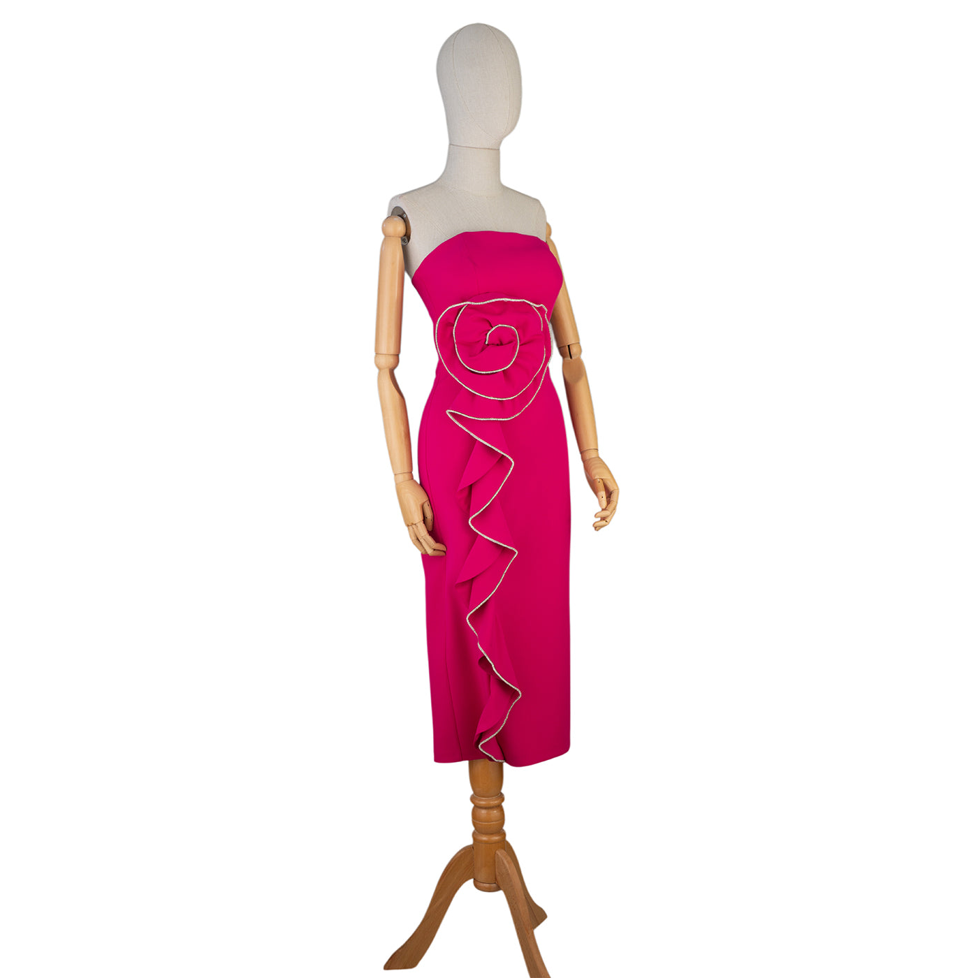 Strapless Fuchsia Dress with Spiral &amp; Ruffle Detail