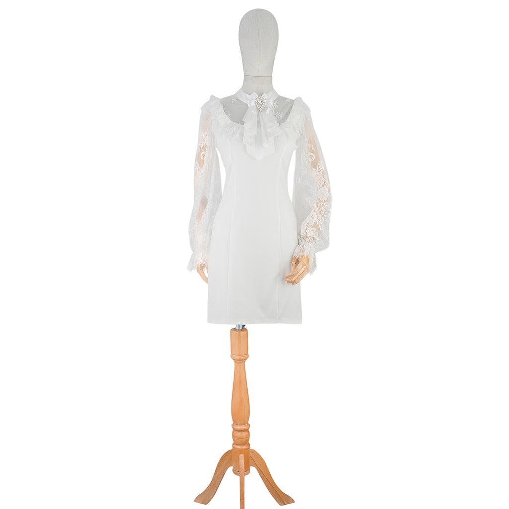 White Mini Dress with Lace Sleeves and Bow Detail
