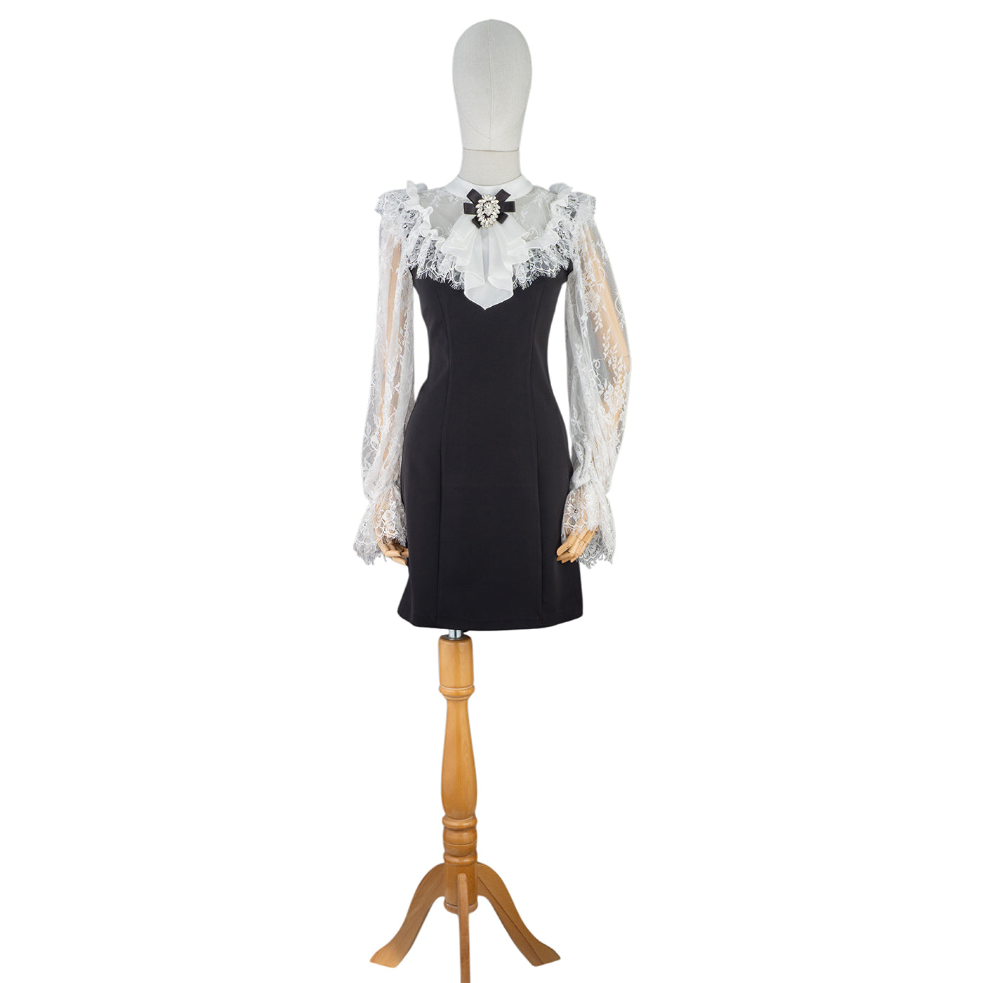 Black Mini Dress with Lace Sleeves &amp; Vintage Bow
