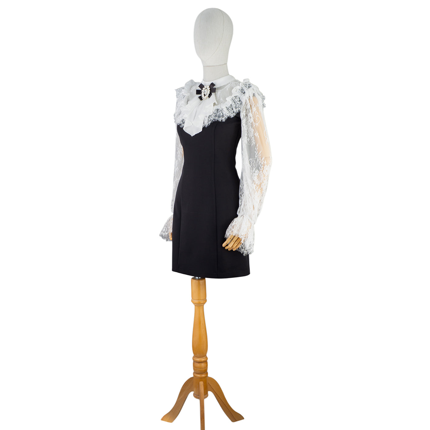 Black Mini Dress with Lace Sleeves &amp; Vintage Bow
