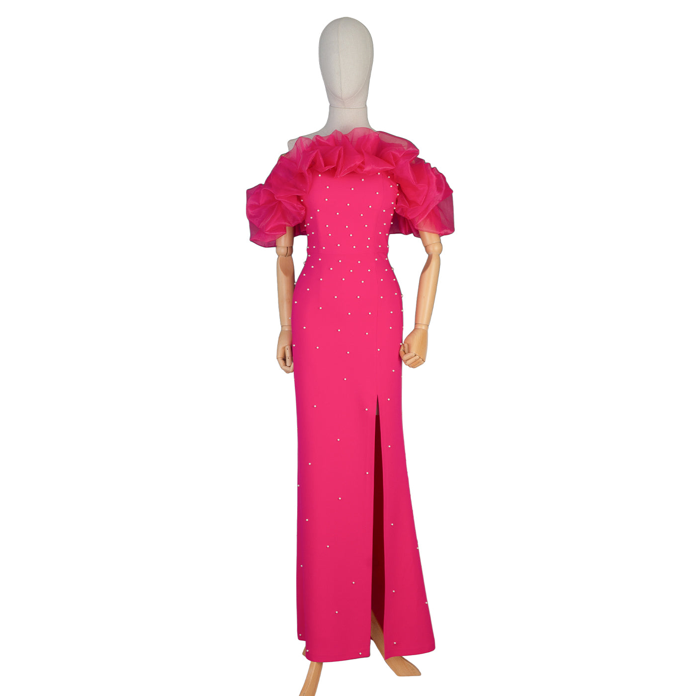 Fuchsia Evening Gown with Puffy Sleeves &amp; Pearl Embellishment