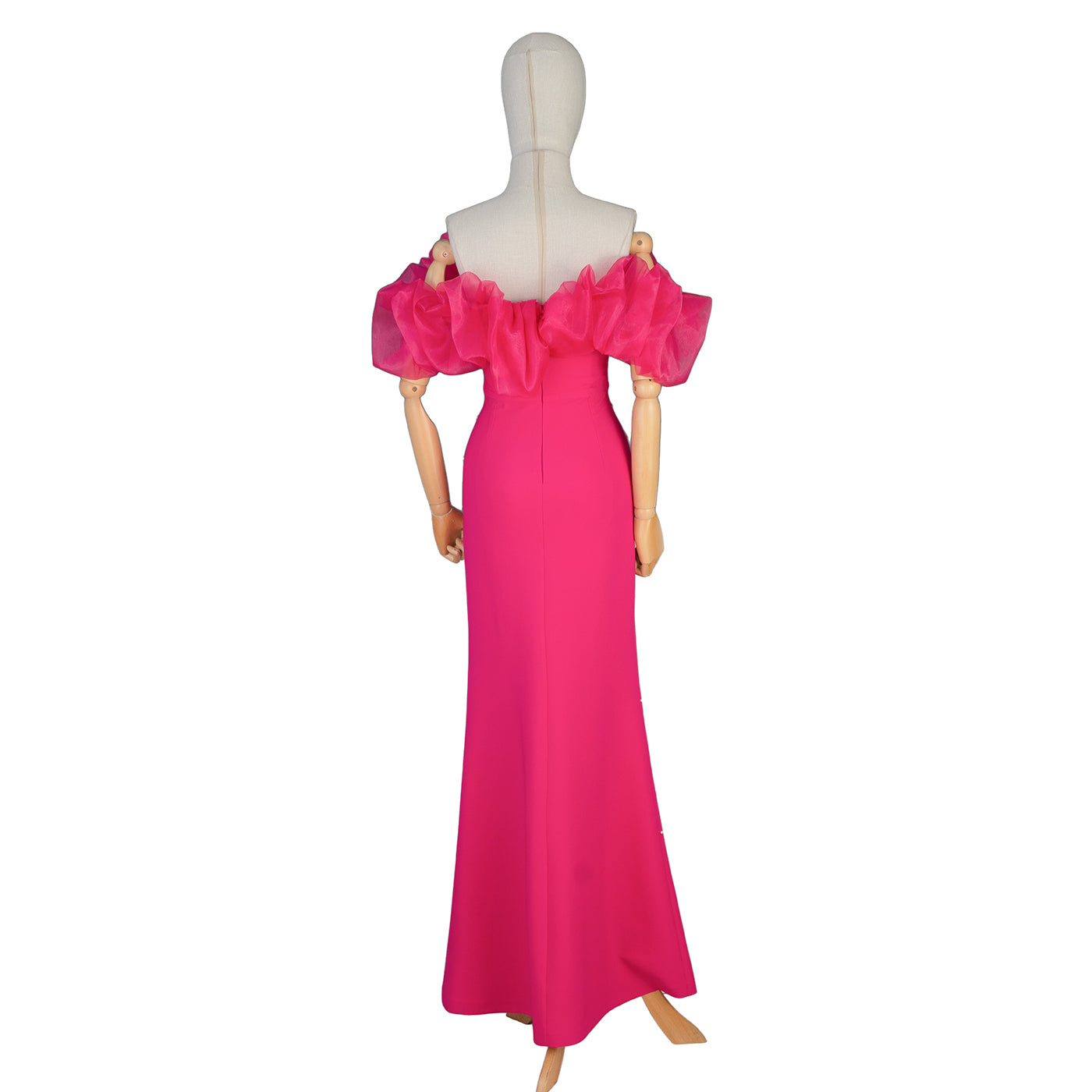 Fuchsia Evening Gown with Puffy Sleeves &amp; Pearl Embellishment