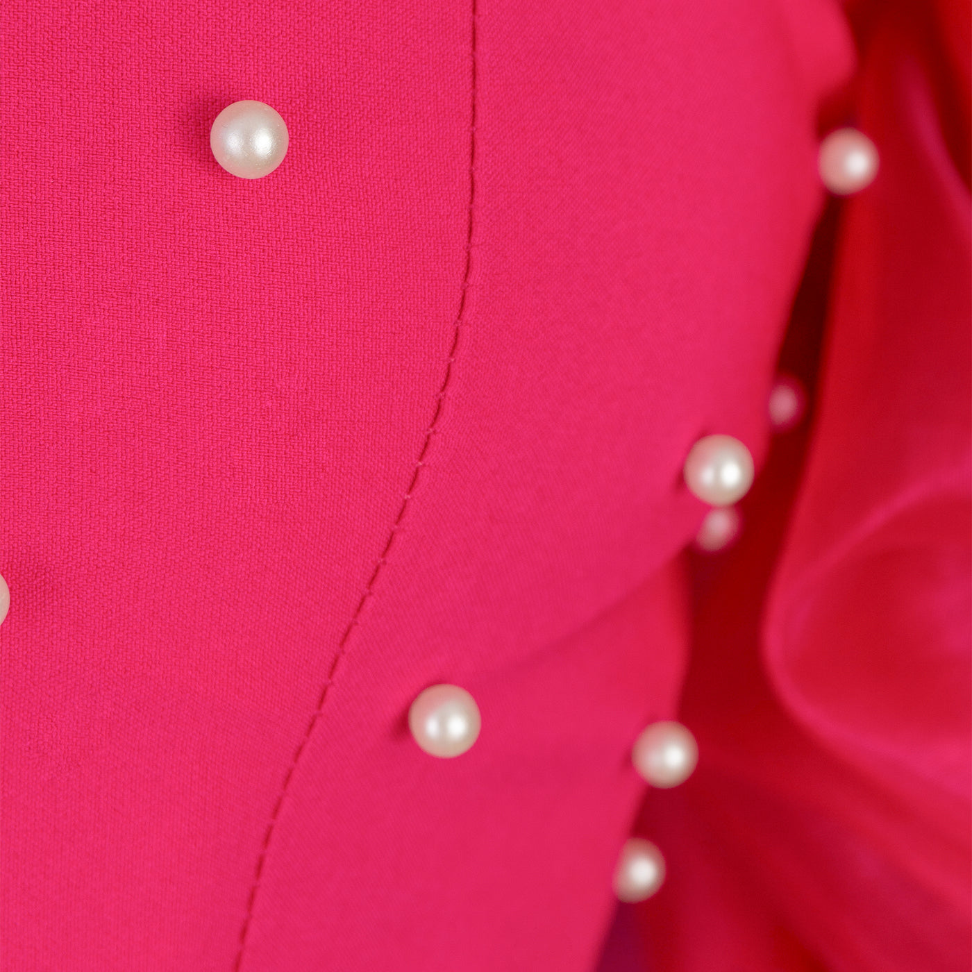 Fuchsia Evening Gown with Puffy Sleeves &amp; Pearl Embellishment