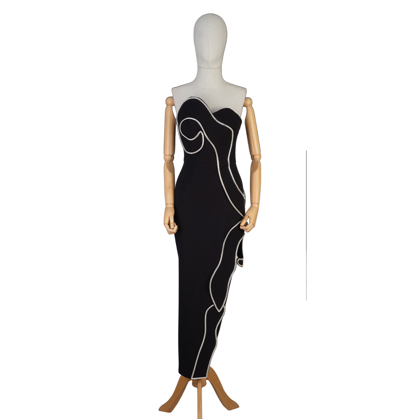 Black Strapless Dress with Sculptural Rhinestone Trim