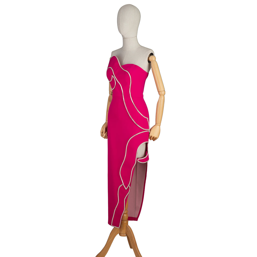 Hot Pink Strapless Dress with Wavy Rhinestone Trim