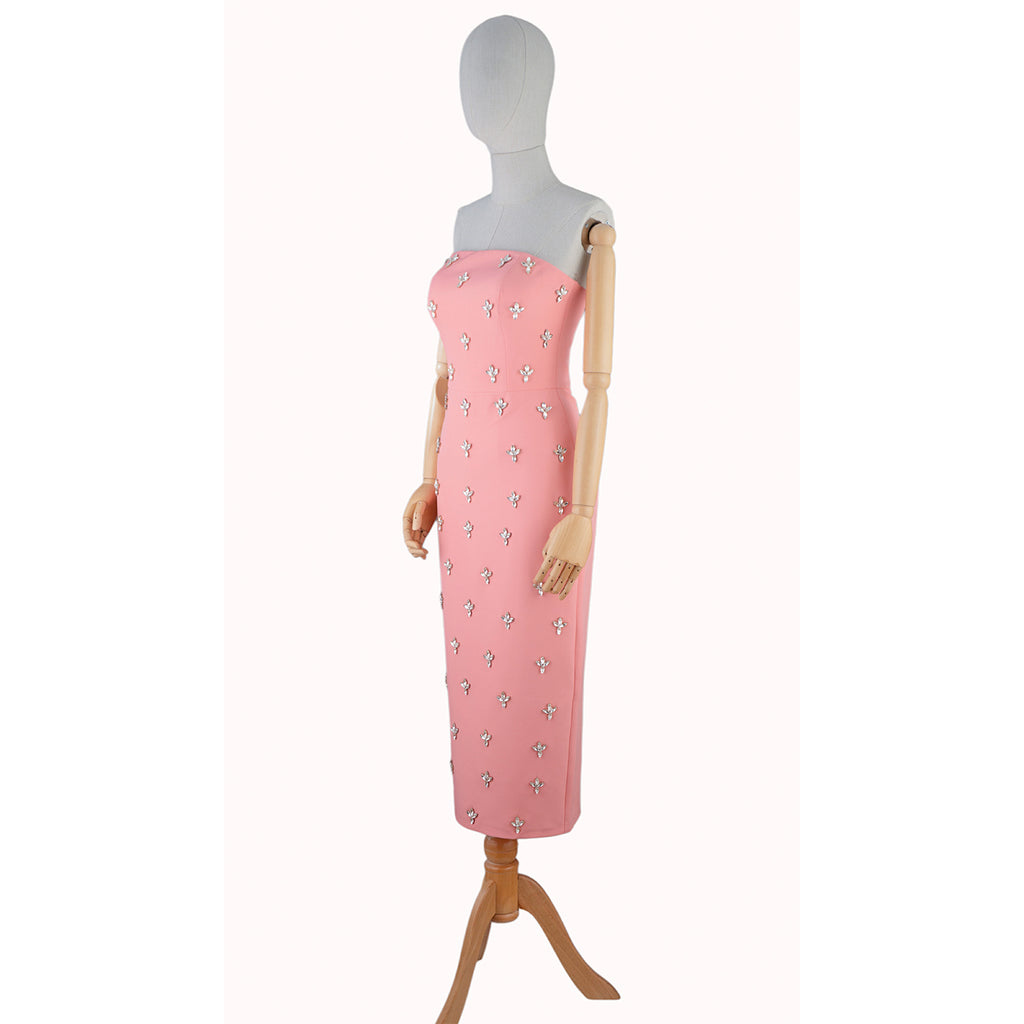 Strapless Pink Embellished Midi Dress