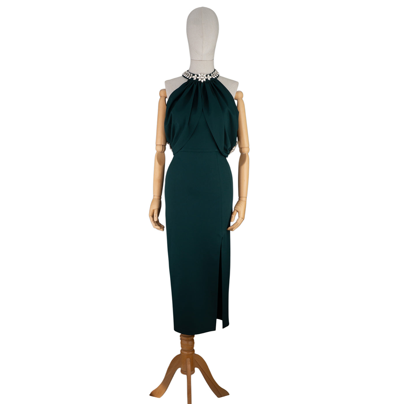 ✨ Elegant Draped Midi Dress with Embellished Neckline