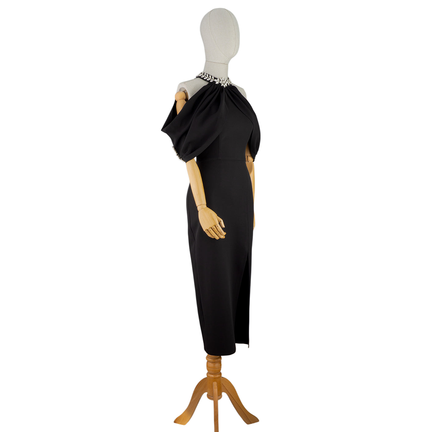 🖤 Off-Shoulder Black Midi Dress with Jewel Neckline