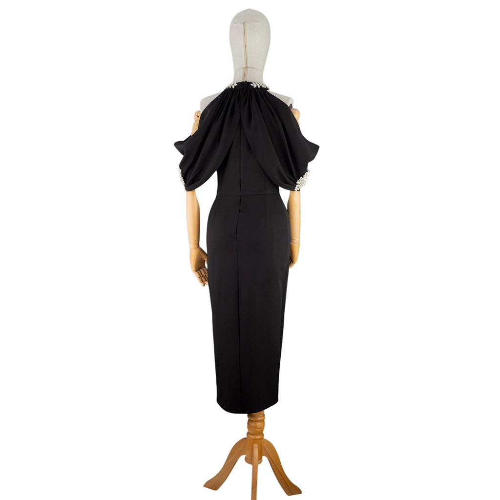 🖤 Off-Shoulder Black Midi Dress with Jewel Neckline