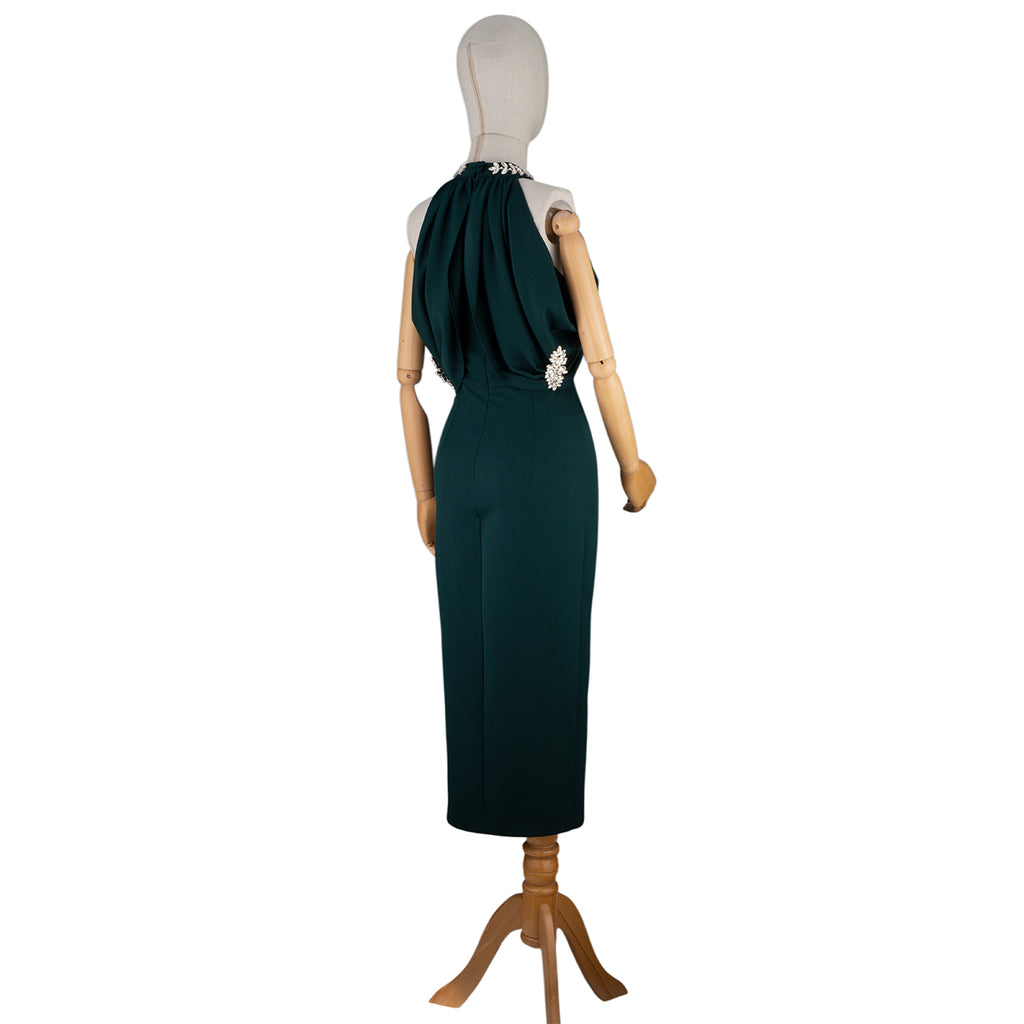✨ Elegant Draped Midi Dress with Embellished Neckline