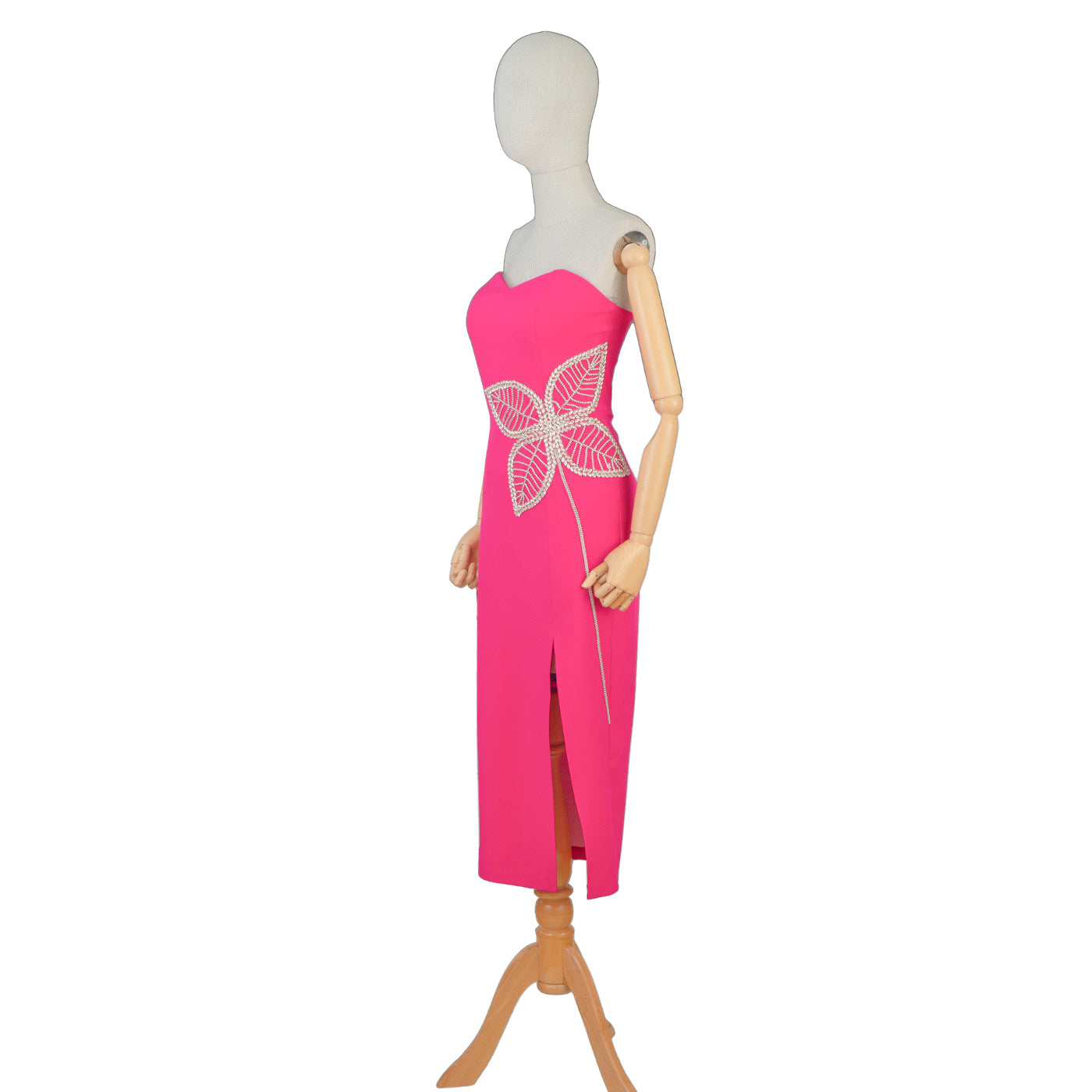 Fuchsia Strapless Midi Dress with Embroidered Waist – Bold and Beautiful