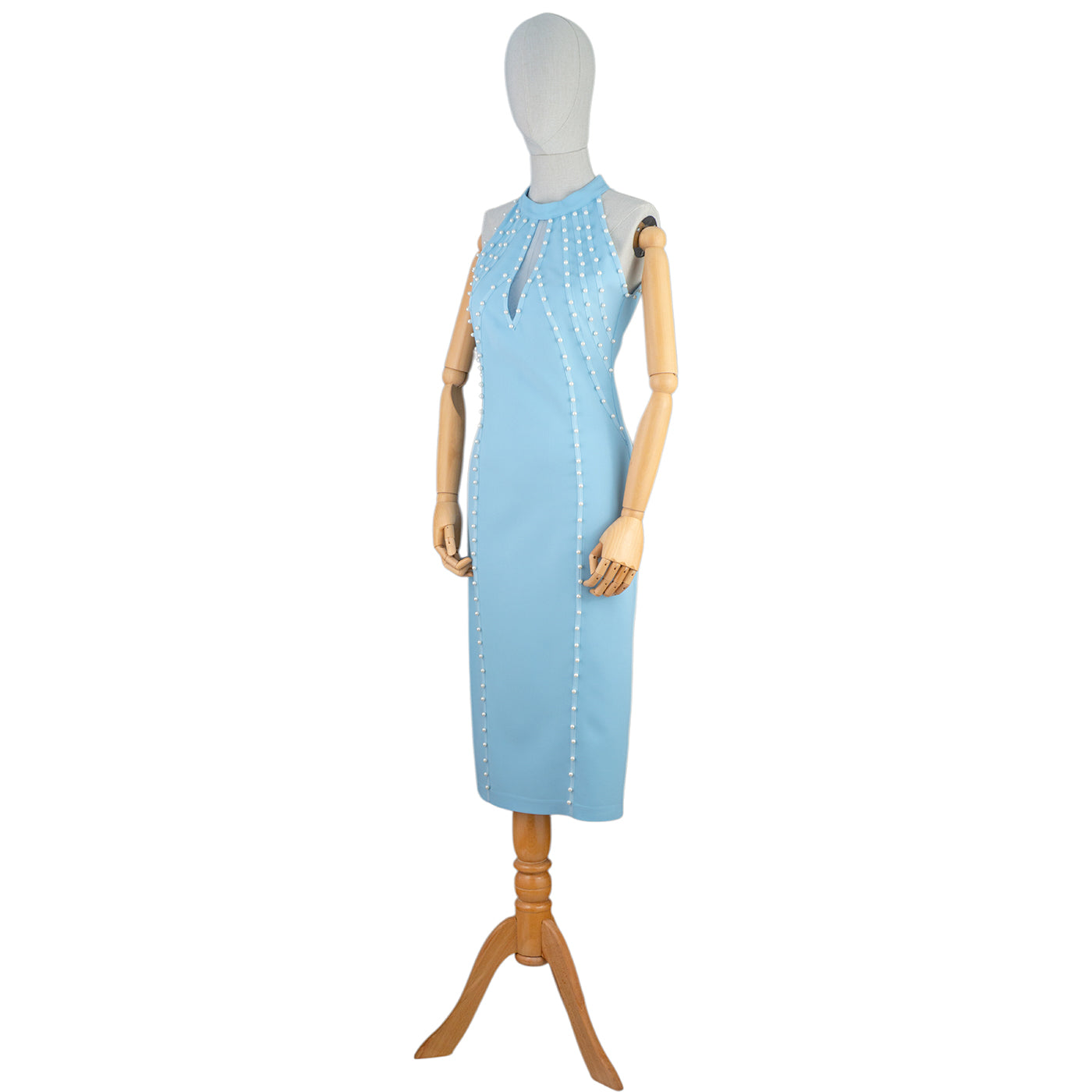 💎 Light Blue Bodycon Dress with Pearl Stud Accents