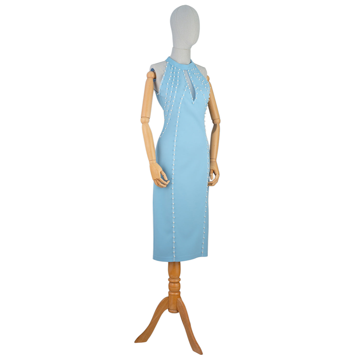 💎 Light Blue Bodycon Dress with Pearl Stud Accents