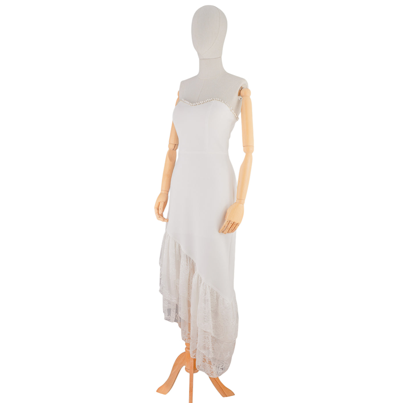 White Strapless Dress with Asymmetrical Lace Hem