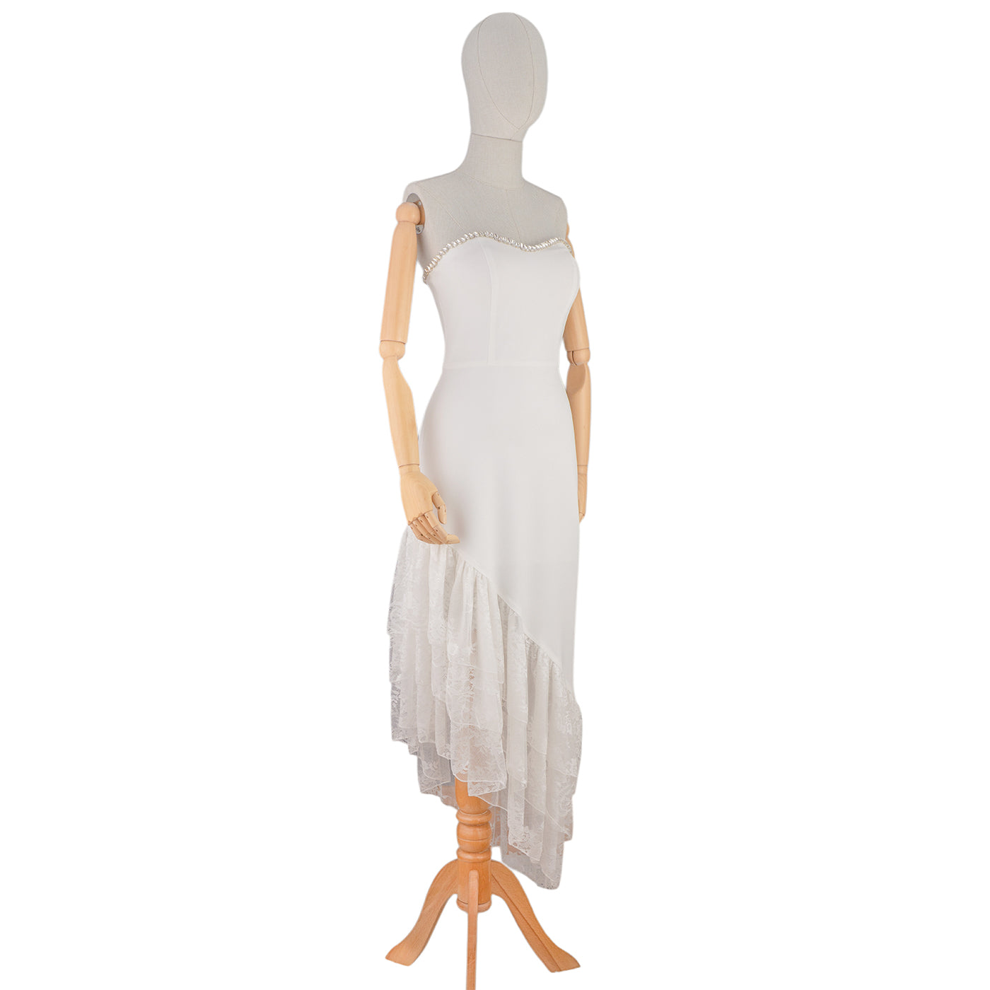 White Strapless Dress with Asymmetrical Lace Hem