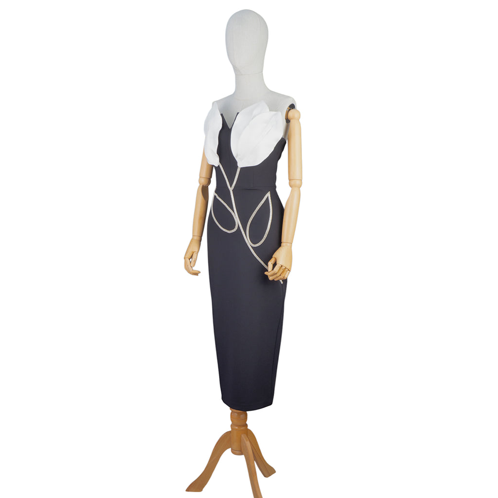 Black and White Petal Bodice Dress with Crystal Chain Accents