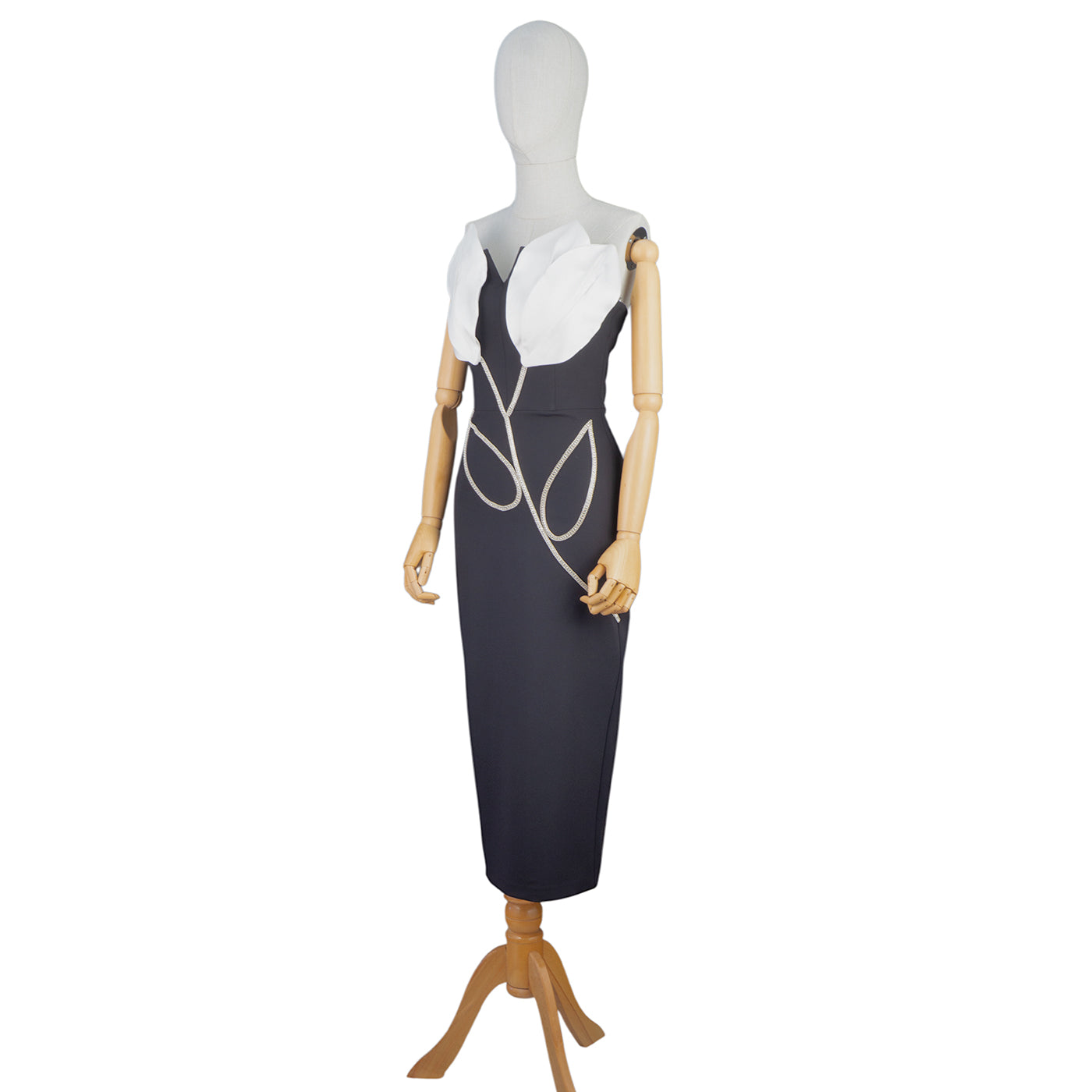 Black and White Petal Bodice Dress with Crystal Chain Accents
