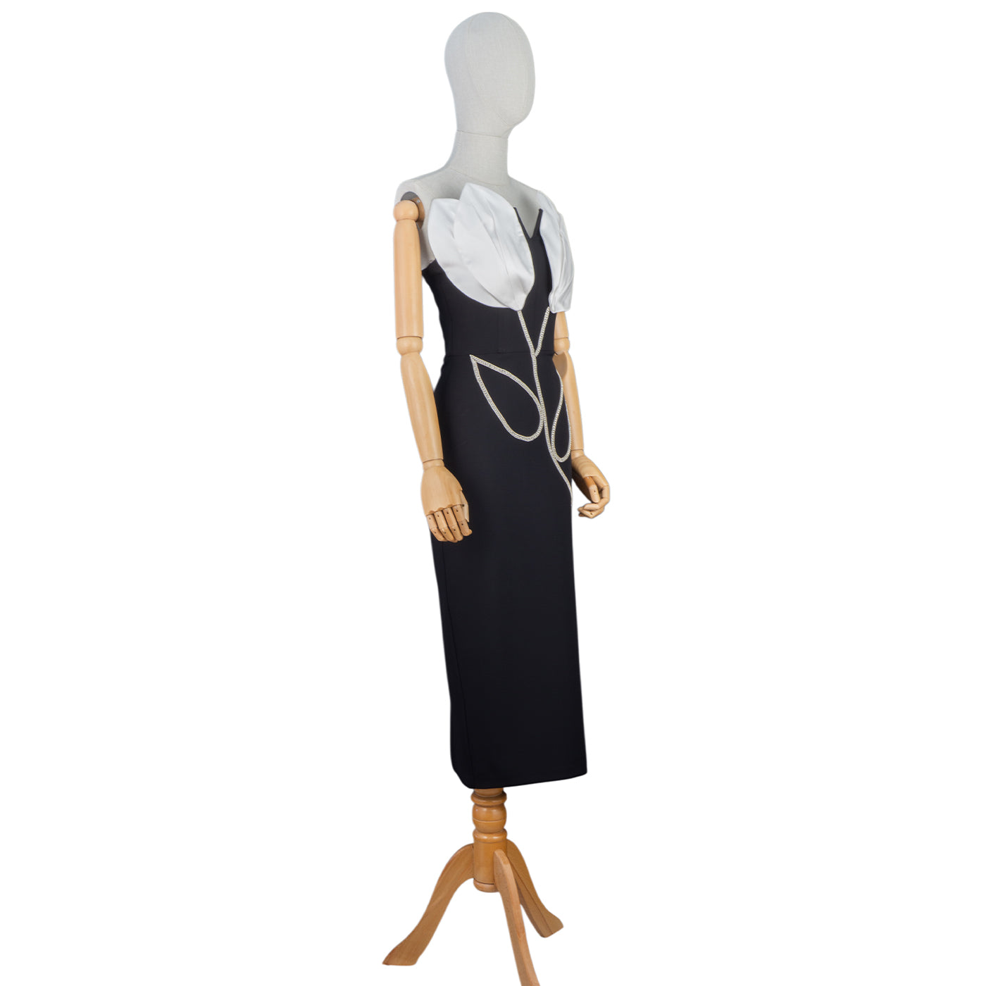 Black and White Petal Bodice Dress with Crystal Chain Accents
