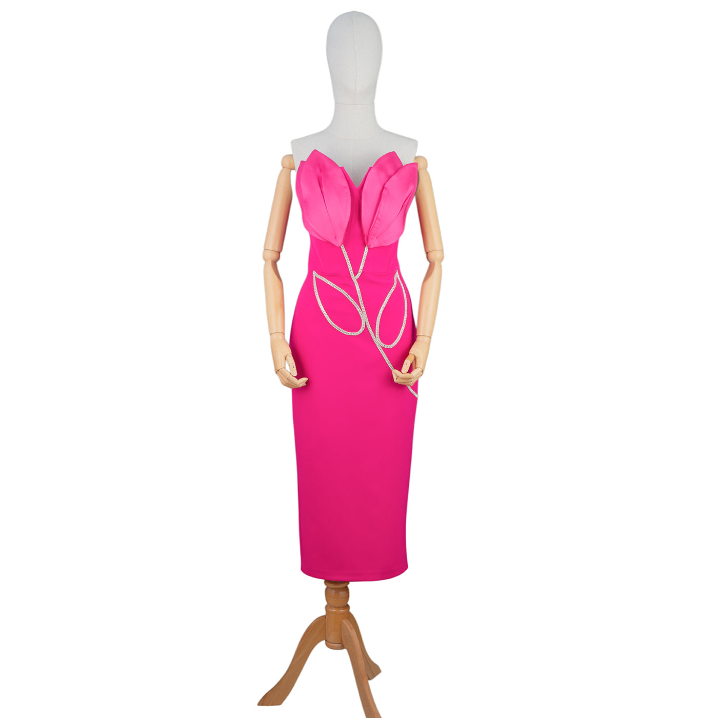 Hot Pink Dress with Petal Bodice and Crystal Chains