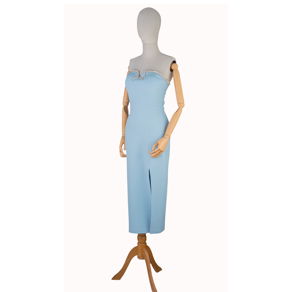 Light Blue Strapless Dress with Crystal Bow and Front Slit