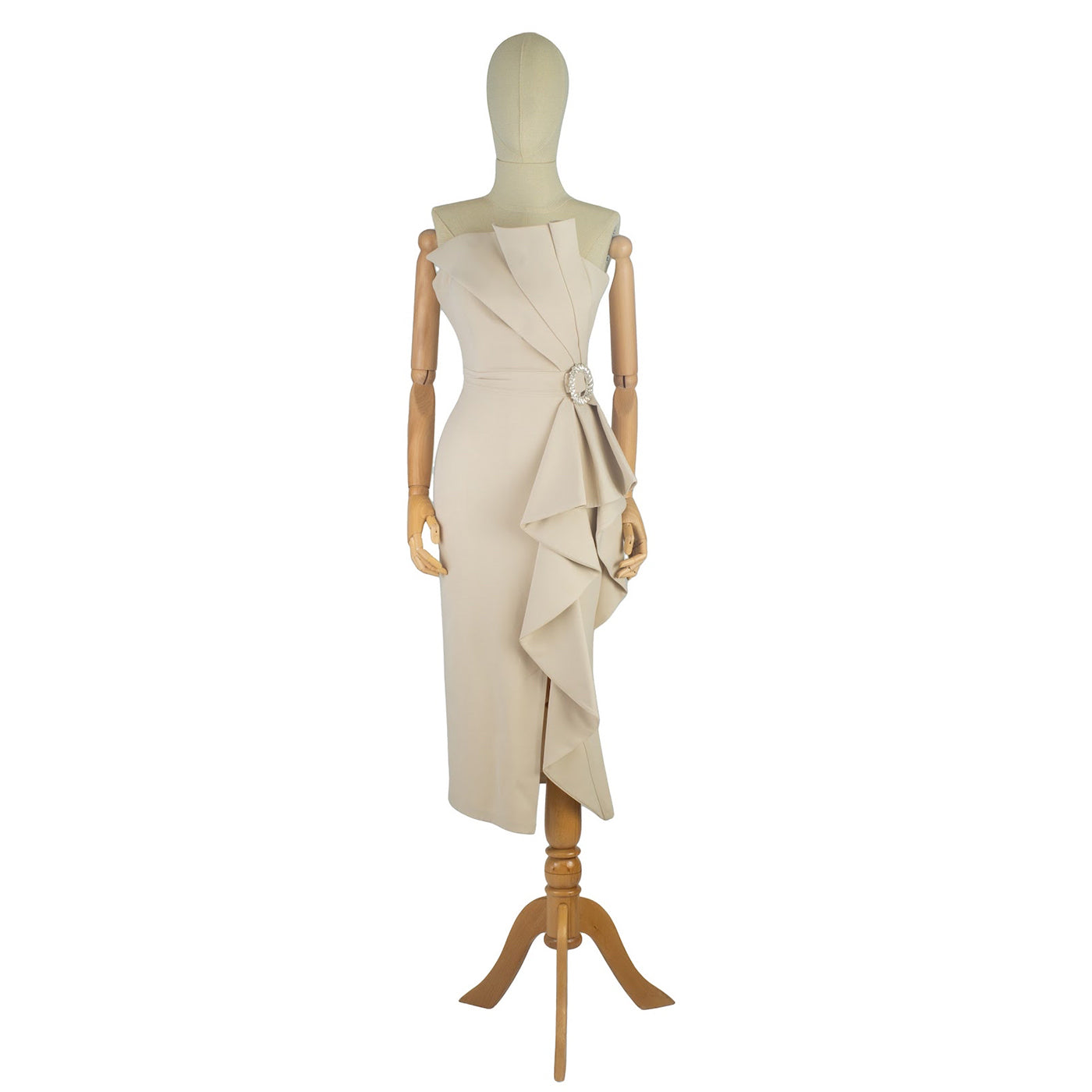 Corset Dress with Asymmetric Draping and Decorative Brooch