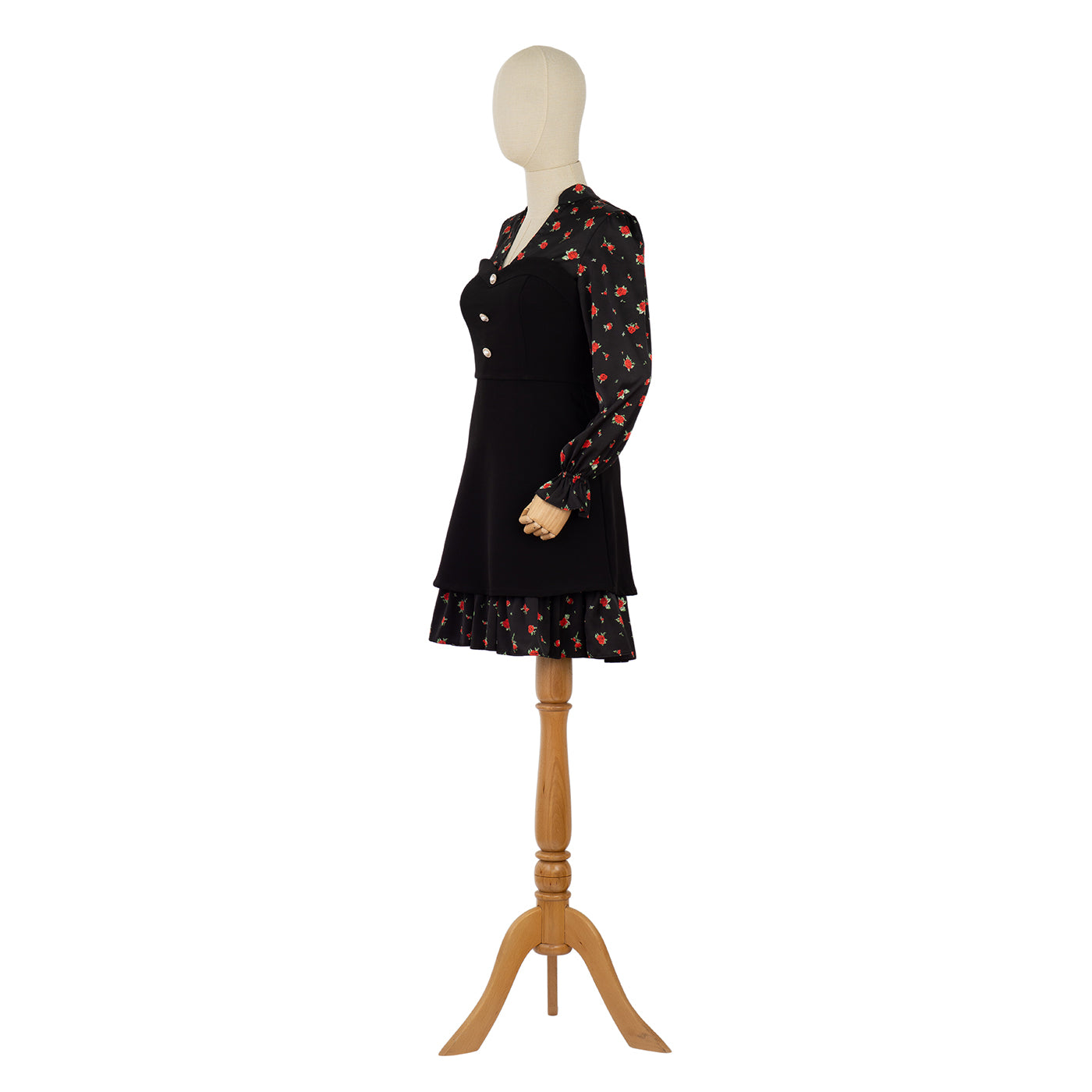 Black Dress with Floral Print and Statement Buttons