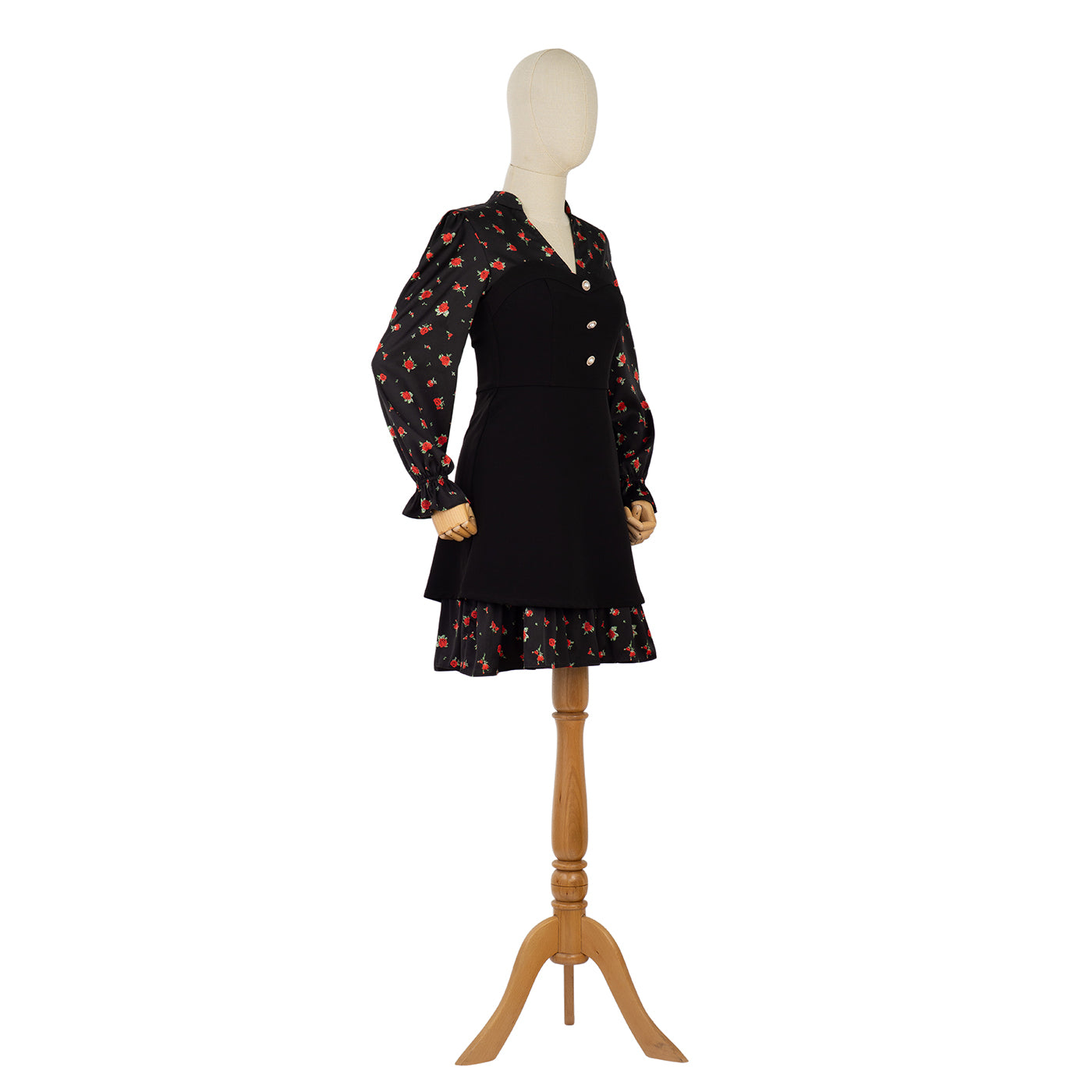 Black Dress with Floral Print and Statement Buttons