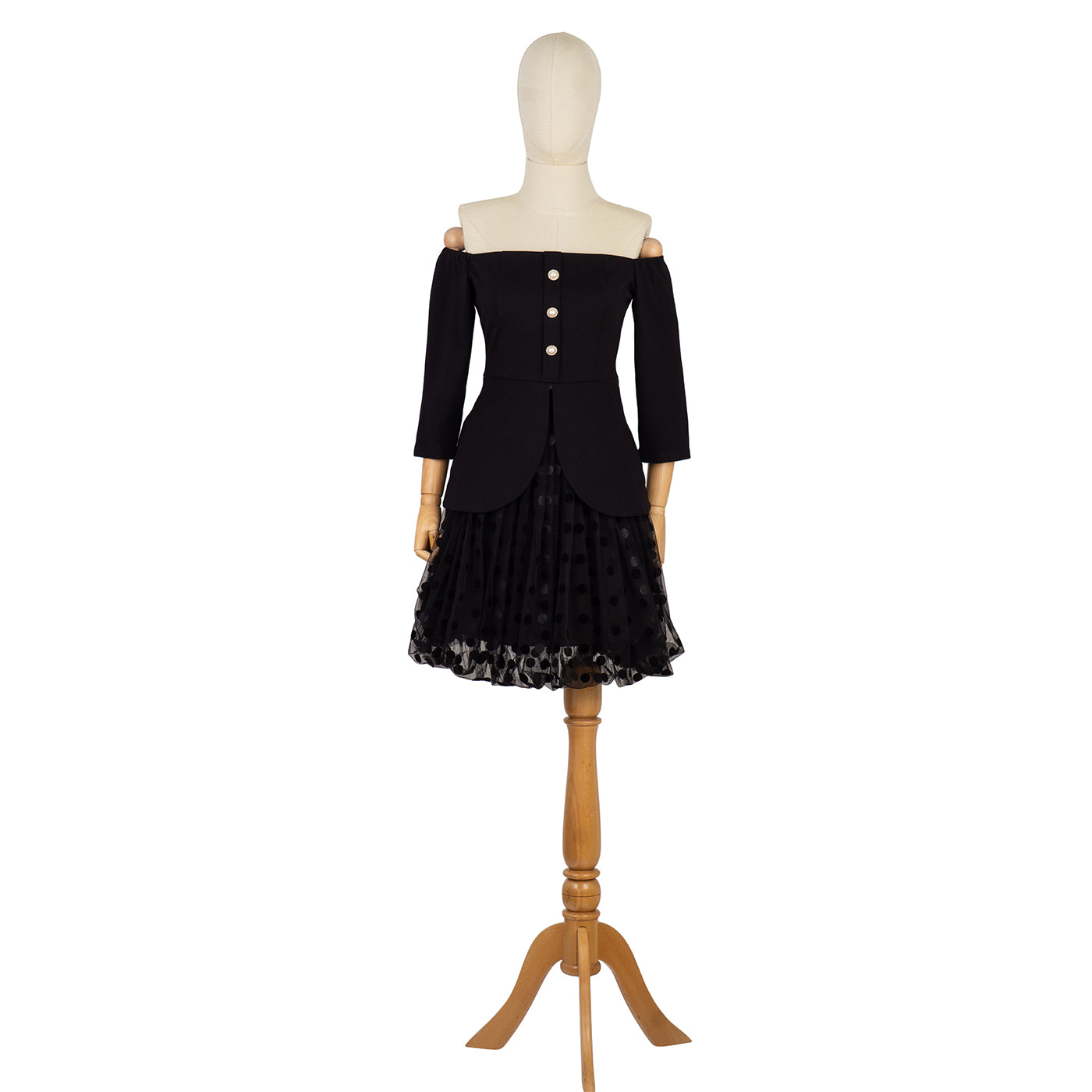 Off-Shoulder Dress with Polka Dot Skirt