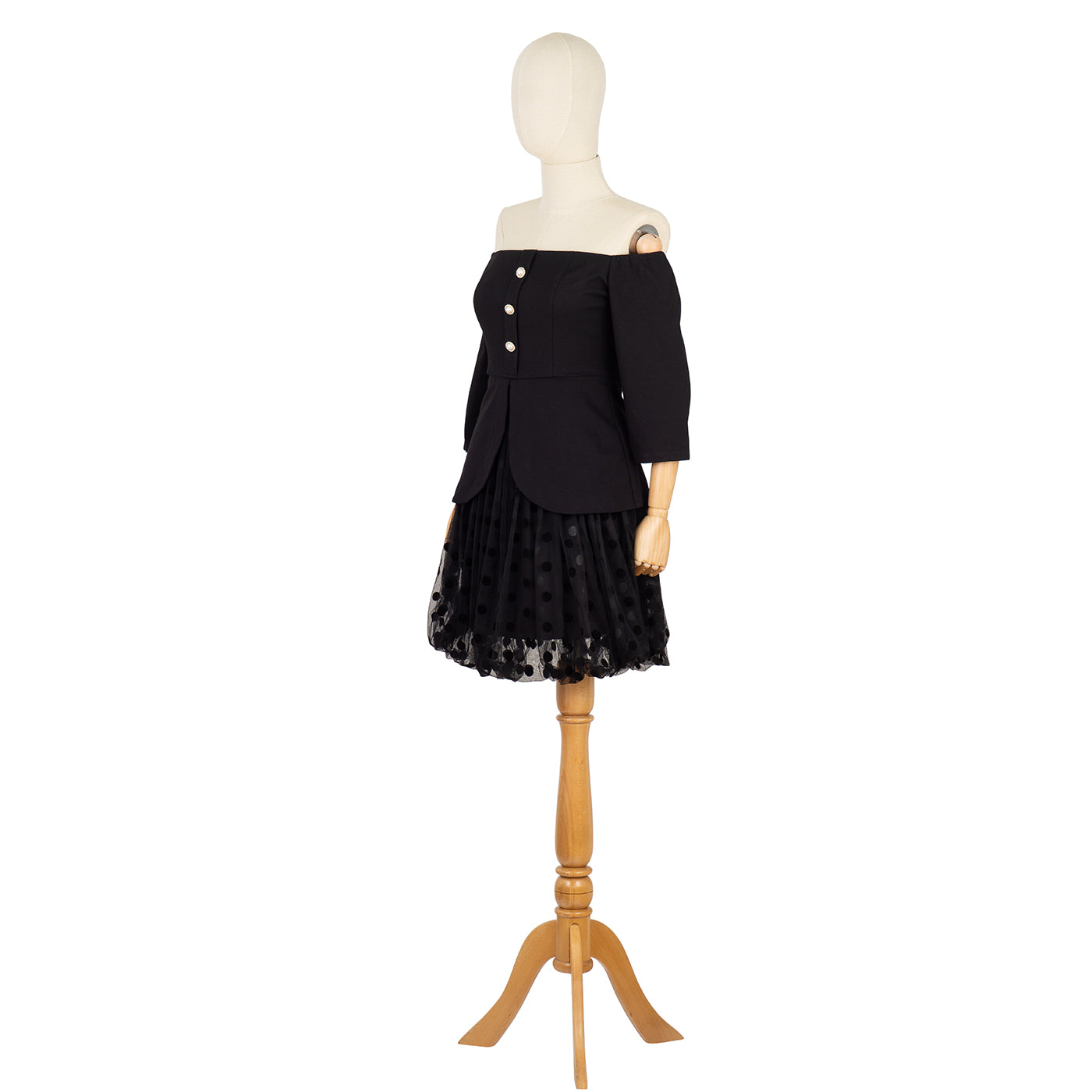 Off-Shoulder Dress with Polka Dot Skirt