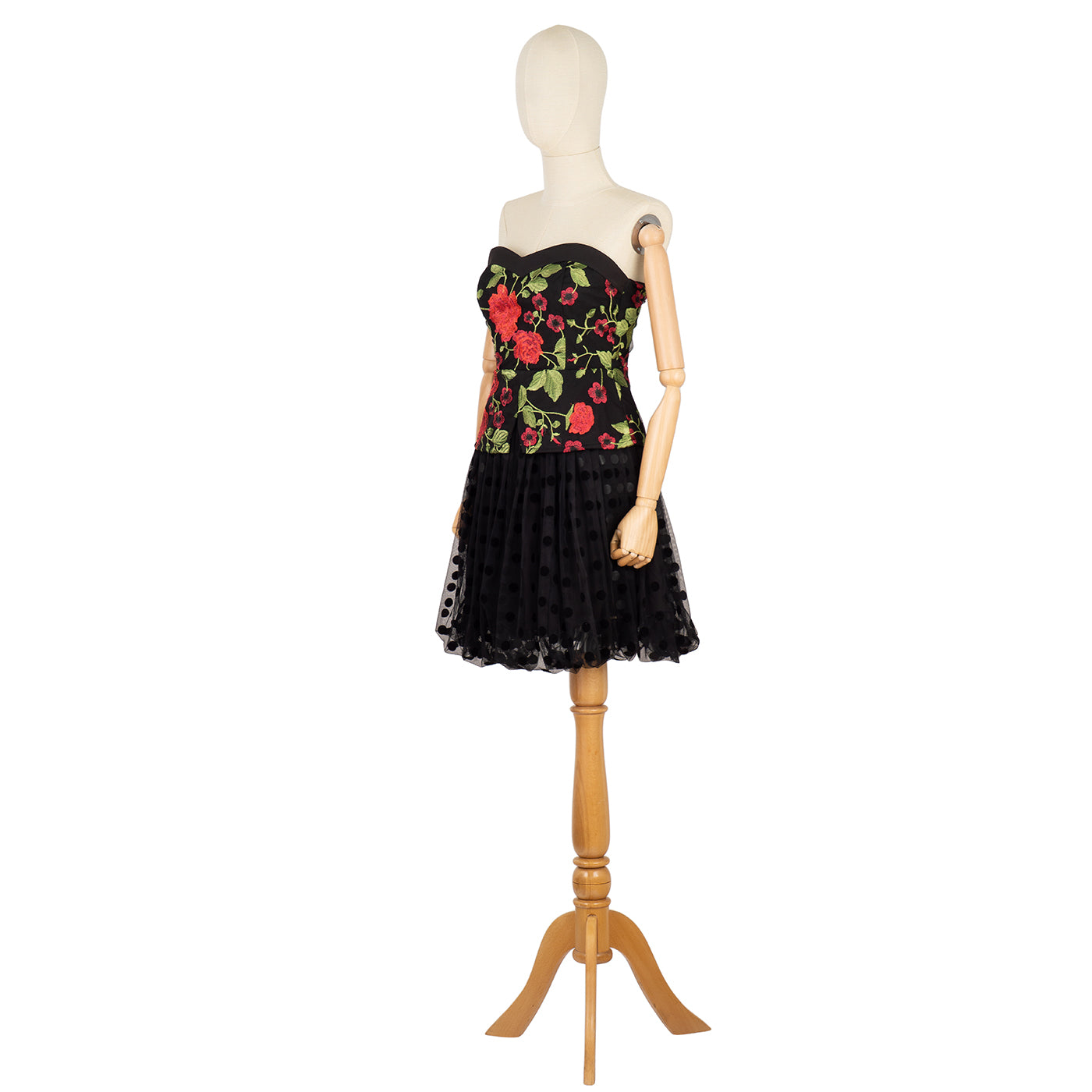 Strapless Bustier Dress with Floral Print and Full Skirt