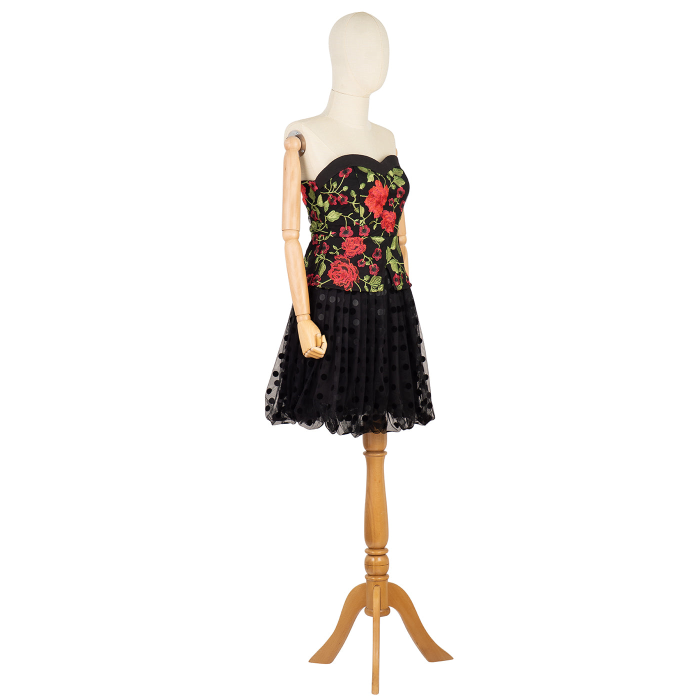 Strapless Bustier Dress with Floral Print and Full Skirt