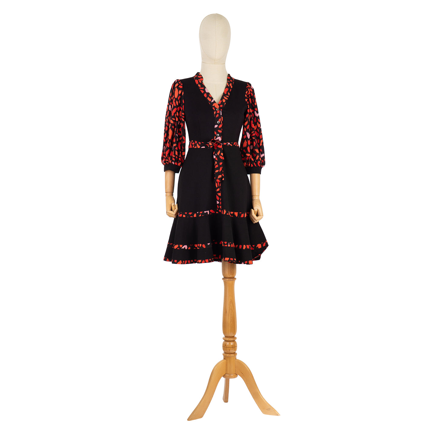 Black Dress with Red Print and Flared Skirt