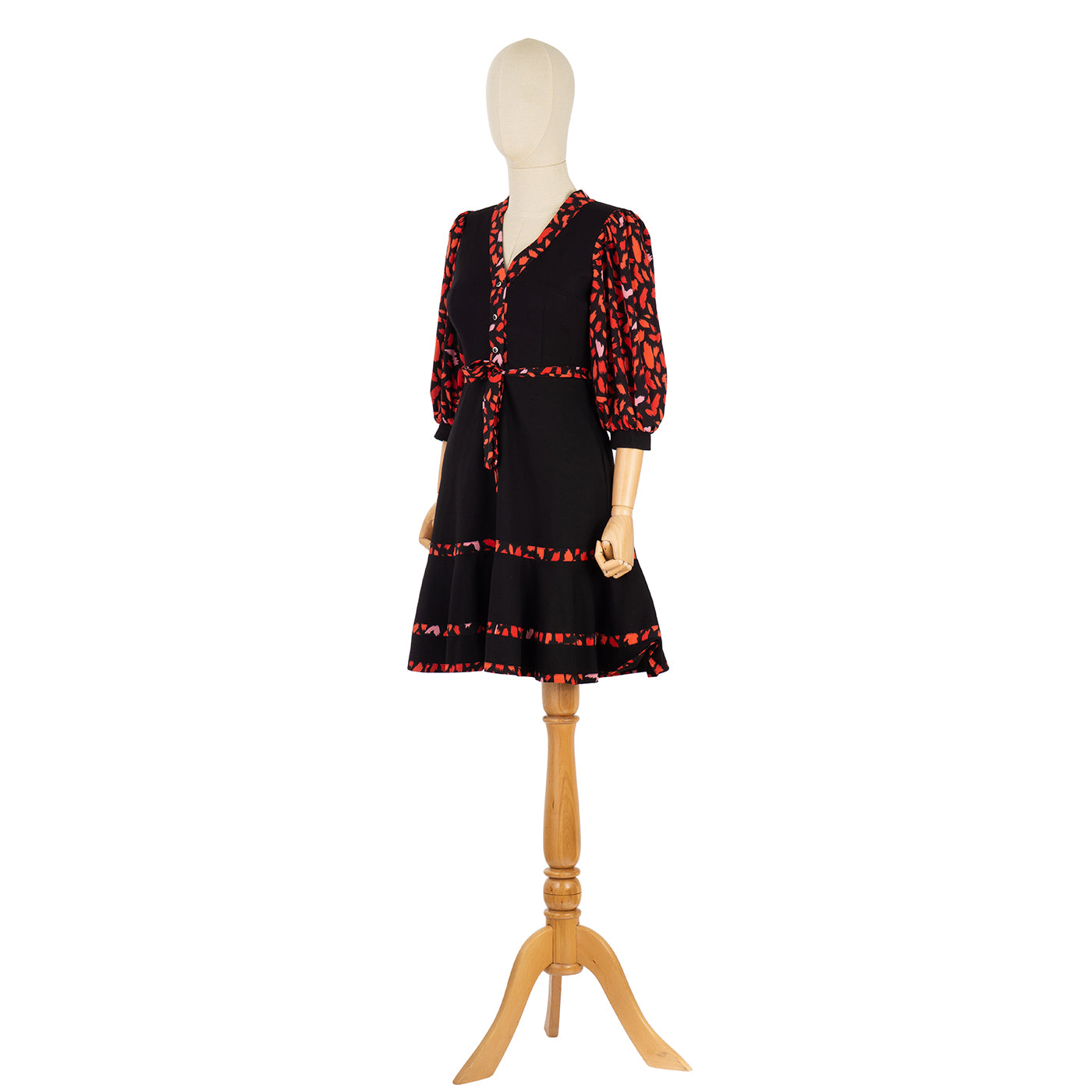 Black Dress with Red Print and Flared Skirt