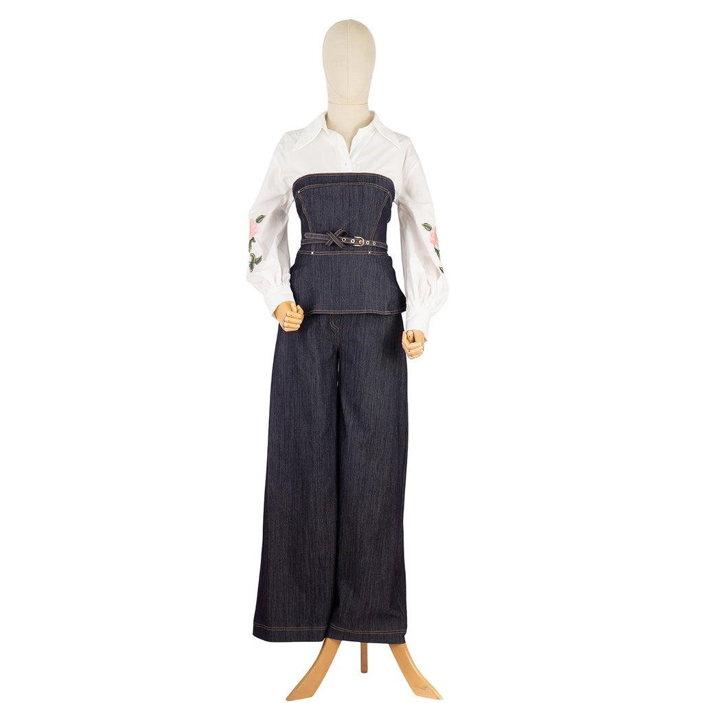 Denim Suit with Corset Top and Embroidery