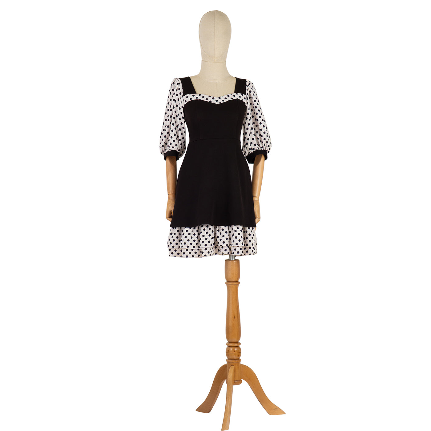 Puff-Sleeve Dress with Contrast Polka Dot Print