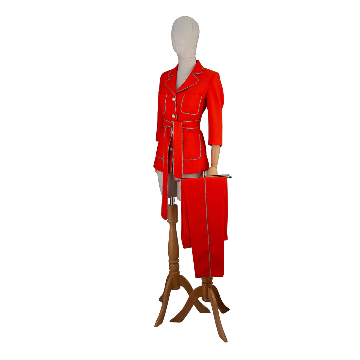 Red Suit with White Trim and Belt – Confident Style in Every Step