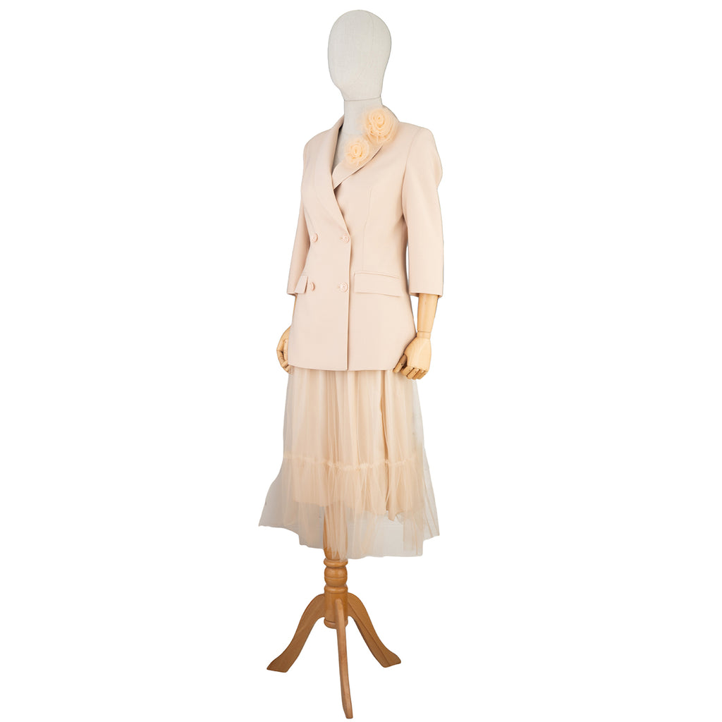 Soft Pastel Suit with Floral Detail and Tulle Skirt – Feminine and Refined